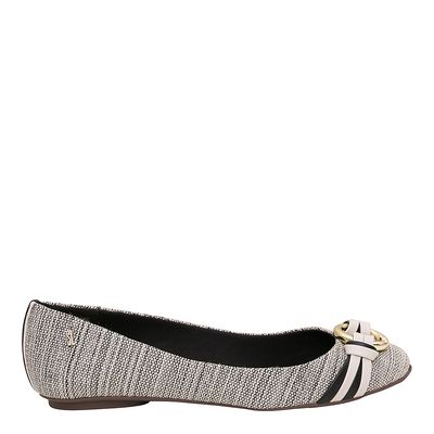 Sapatilha Linho Cinza Argola Tiras Branco e Preto