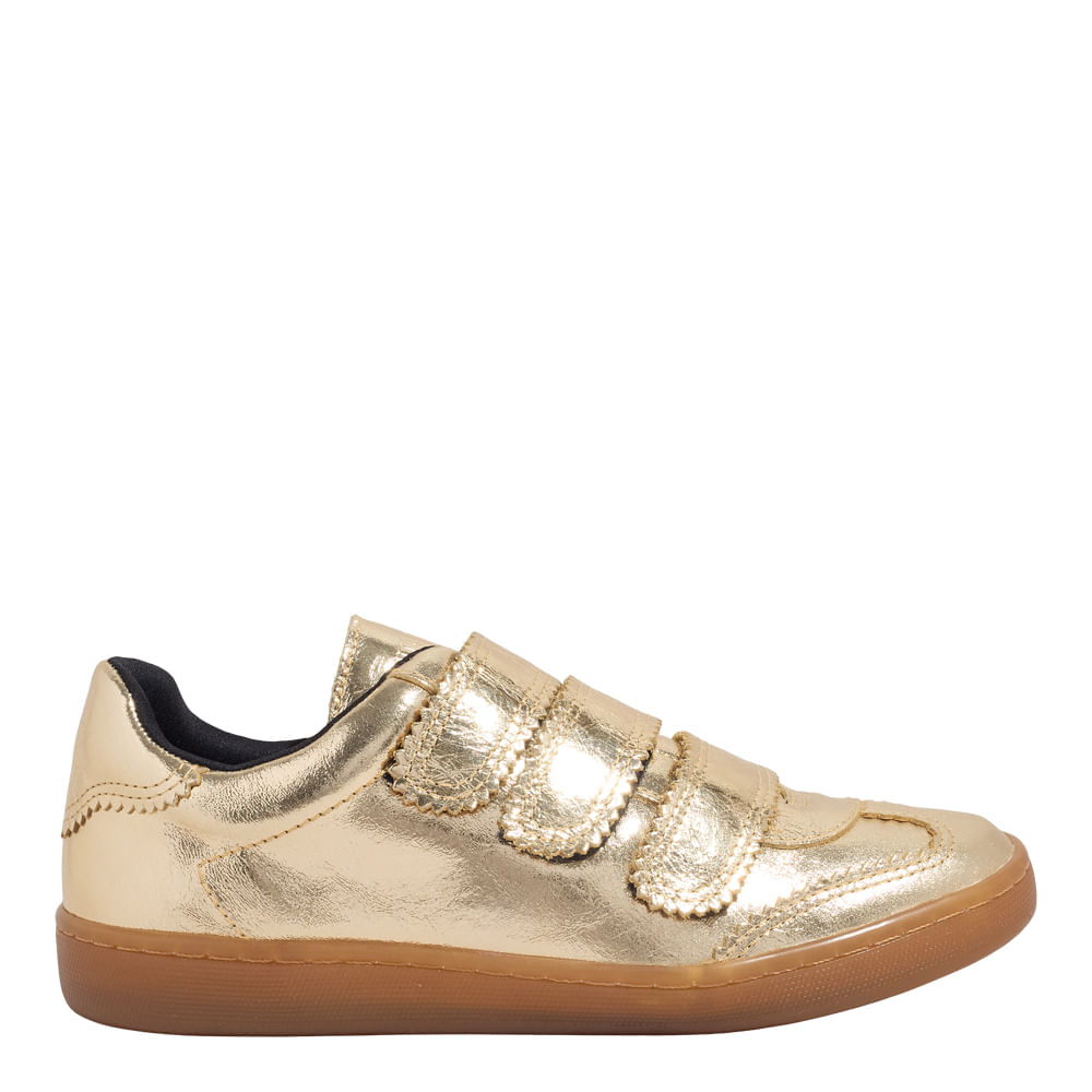 Tênis Velcro Couro Craquele Metalizado Dourado - Santa Lolla