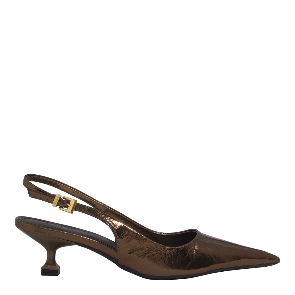 Scarpin Slingback Couro Metalizado Bronze Salto Baixo - Santa Lolla