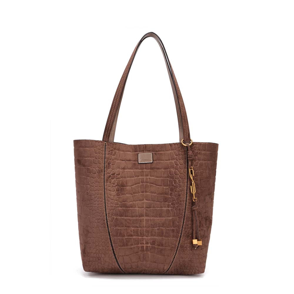Bolsa Tote Média Croco Nobuck Bege Steel Alça Longa - Santa Lolla