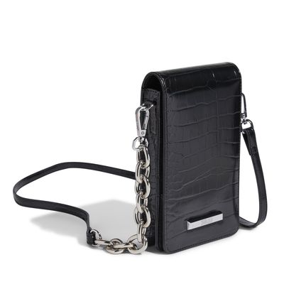 Bolsa Croco Tiracolo Transversal Porta Celular com Alça de Corrente Preto