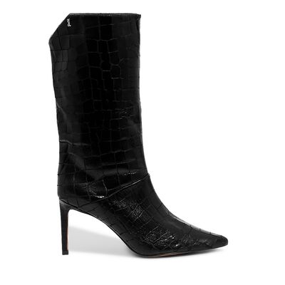 Bota Preta Couro Croco Cano Médio