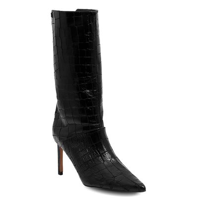 Bota Preta Couro Croco Cano Médio