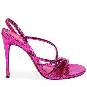 Sandália de Salto Alto com Cabedal de Tiras Finas Metalizada Rosa
