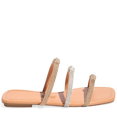 Rasteira Bege com Três Tiras com Strass