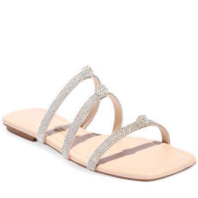Rasteira Bege Claro com Três Tiras com Strass