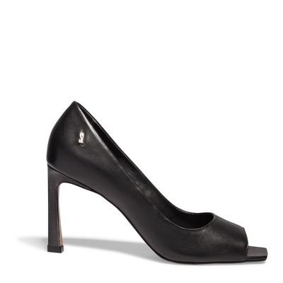 Peep Toe Couro Confort Preto Salto Alto Geométrico