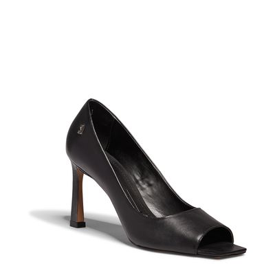 Peep Toe Couro Confort Preto Salto Alto Geométrico