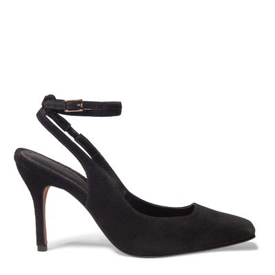 Sapato Scarpin Slingback Preto Camurça Salto Fino