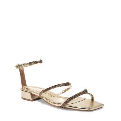 Sandália Rasteira Dourada Strass Metalizada