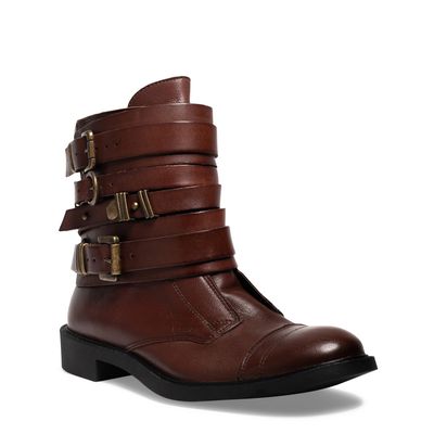 Bota Cano Médio Marrom Couro Salto Baixo