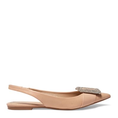 Sapatilha Slingback Bege Couro Fivela Strass