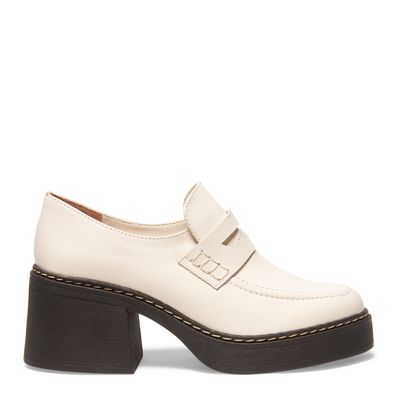 Sapato Mocassim Branco Couro Salto Bloco