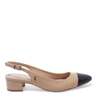 Scarpin Boneca Slingback Couro Pelica Soft Bege Salto Bloco Baixo