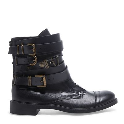 Bota Cano Médio Preta Couro Salto Baixo