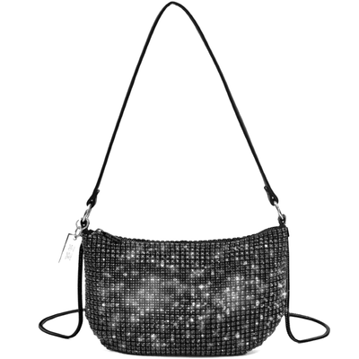 Bolsa Hobo de Strass Preto com Corrente Transversal