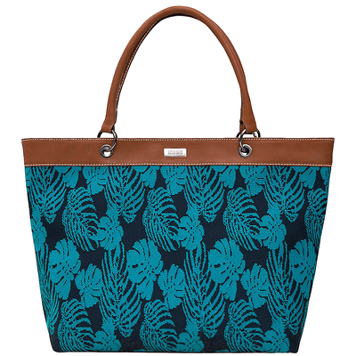 Bolsa Shopper Universitária de Tecido Estampado Folhas Azul Marinho