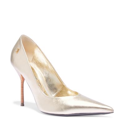Scarpin One Couro Dourado Bico Fino Salto Agulha