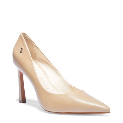 Sapato Scarpin Bege Couro Salto Alto Fino