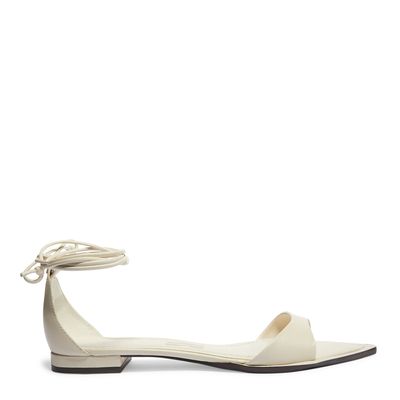 Sandália Rasteira Off White Couro Amarração Bico Folha