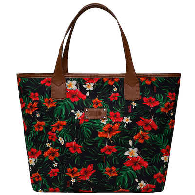 Bolsa shopper universitária de tecido estampado flores hibisco