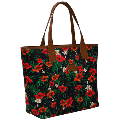 Bolsa shopper universitária de tecido estampado flores hibisco