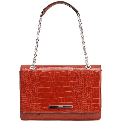 Bolsa de ombro croco alto brilho marrom safari com corrente prata