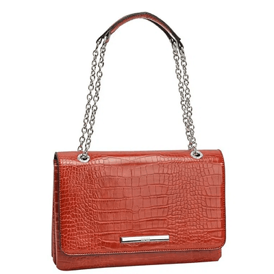 Bolsa de ombro croco alto brilho marrom safari com corrente prata