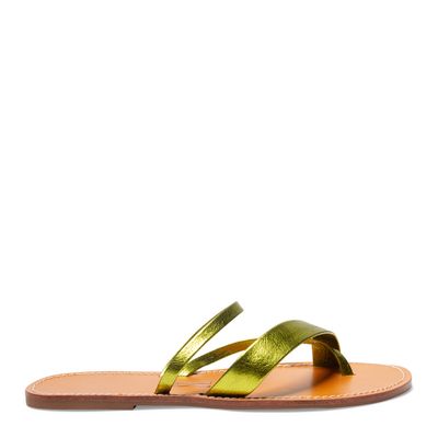 Rasteira Verde Couro Flat Metalizada