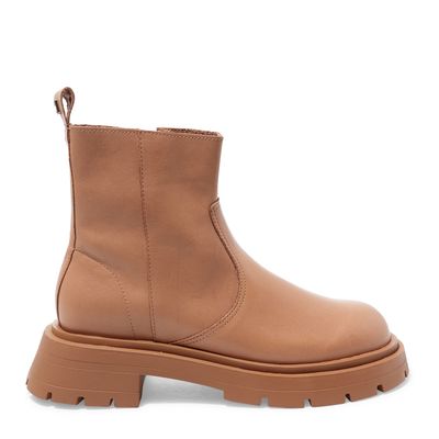 Bota Coturno Tratorada Bege Couro Cano Médio