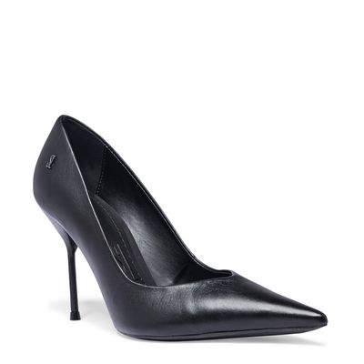 Sapato Scarpin Preto Couro Salto Alto Fino