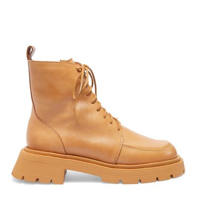Bota Coturno Bege Couro Cano Médio Tratorada
