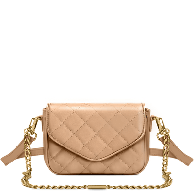 Bolsa Flap Bag Pequena com Alça Transversal de Couro Matelassê Bege - Linha Genuine Leather