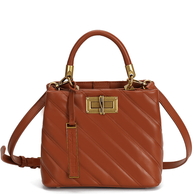 Bolsa Bucket Estruturada Matelassê Média com Alça Transversal de Couro Marrom - Linha Genuine Leather
