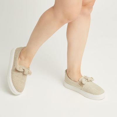 Tênis Slip On Laço Linho Bege