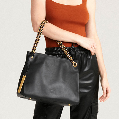 Bolsa Slouch Shopper Grande com Alça de Corrente com couro transpassado Preta - Linha Genuine Leather