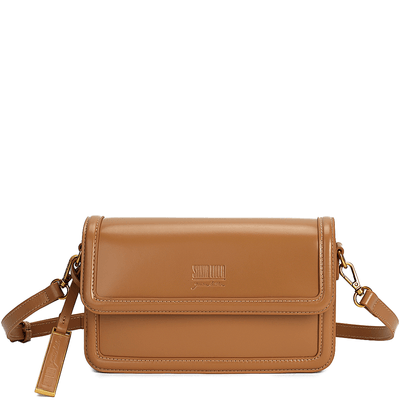 Bolsa Flap Bag Estruturada Média com Alça Transversal de Couro Marrom - Linha Genuine Leather