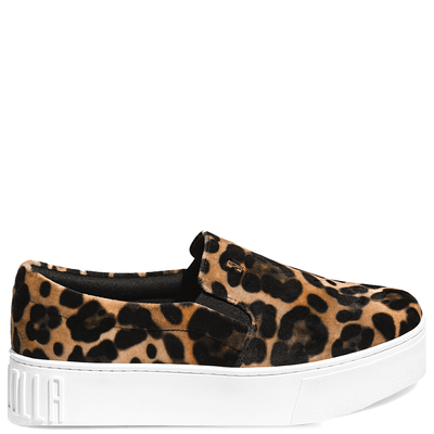 Tênis Slip On Veludo Sola Alta Animal Print Oncinha