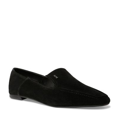 Sapato Mocassim Preto Camurça Bico Quadrado Flat