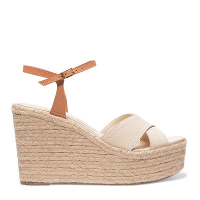 Sandália Espadrille Off White Couro Tiras Salto Alto
