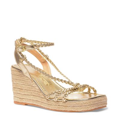 Sandália Espadrille Anabela Dourada Metalizada Amarração