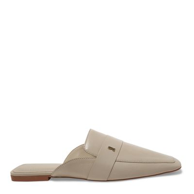 Mocassim Mule Bege Couro Flat Bico Quadrado