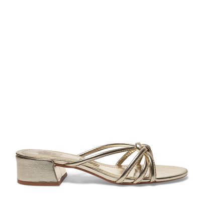 Sandália Mule Dourado Metálica Tiras Salto Bloco