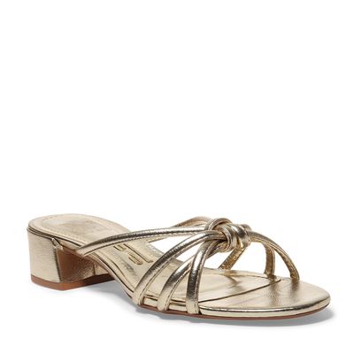 Sandália Mule Dourado Metálica Tiras Salto Bloco