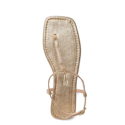 Rasteira Flat Dourada Metalizada Cobra com Bico Quadrado