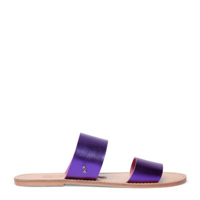 Rasteira Roxa Couro Tiras Metalizadas Flat