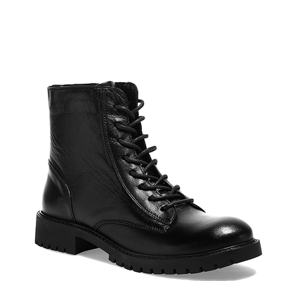 Bota Coturno  Couro Preto Tratorada Cadarço