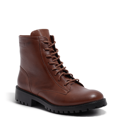 Bota Coturno Básico Marrom De Couro Pelica Cano Médio E Salto Baixo Tratorado