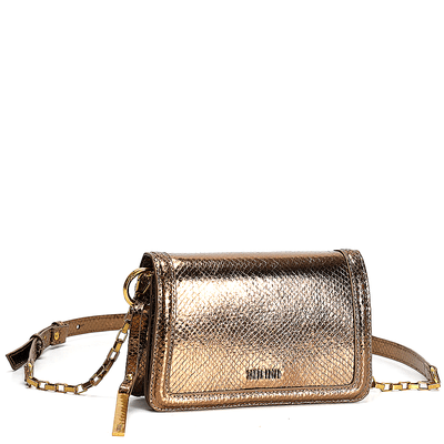 Bolsa Flap Bag Pequena Transversal Metalizada com Alça de Corrente Marrom Bronze