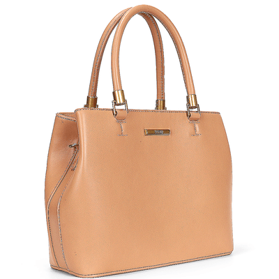 Bolsa Estruturada Média Lisa Transversal Bege com Detalhes Dourados